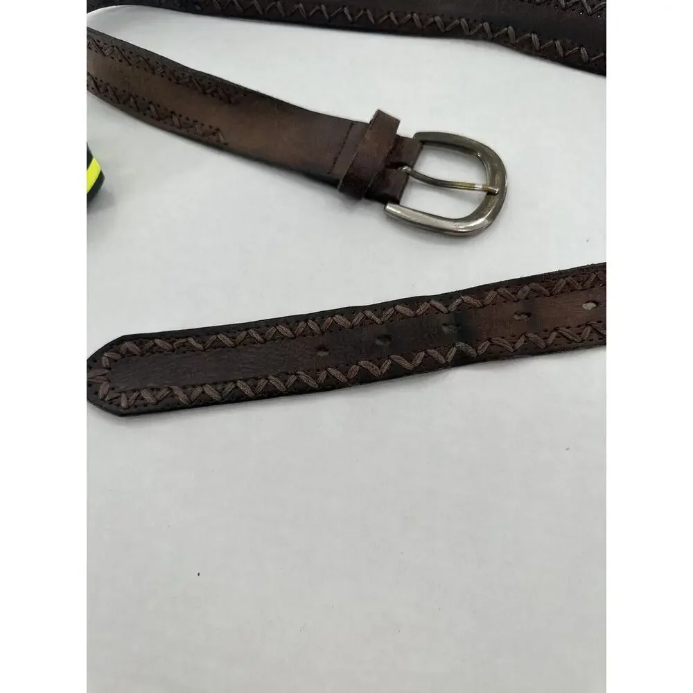 Vtg Belt Mens Cowhide Soft Leather Edge Stitch Brown Cowboy Rodeo Western Sz 40‌